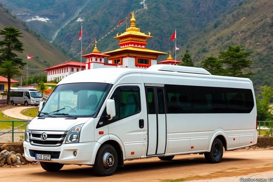 26-seater coach near a mountain monastery